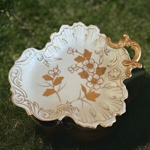 Vintage Gold Gilt Rococo Porcelain Dish Hand-painted w/ Handle Arnarico Italy